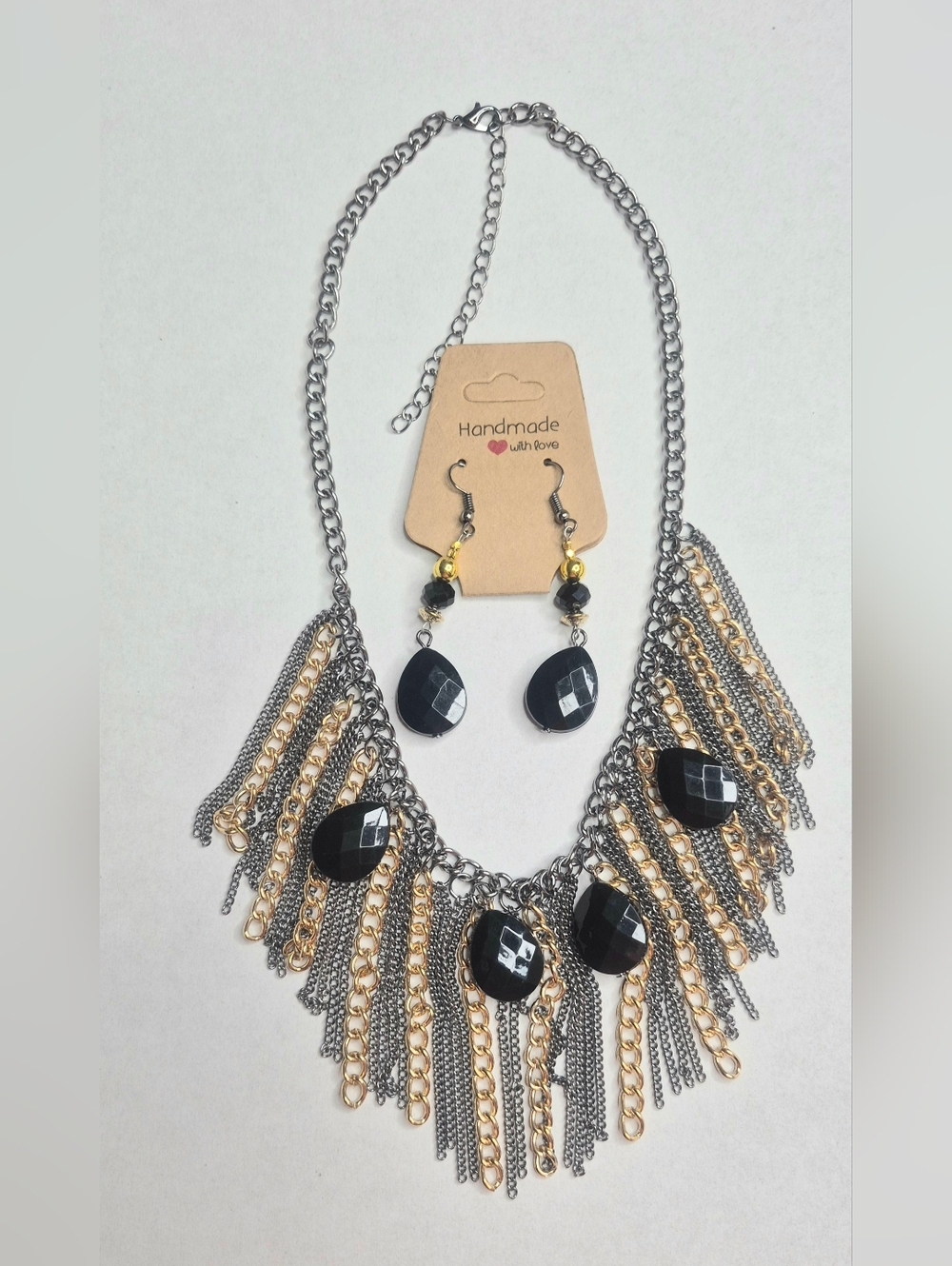 🚨Black & Gold Fringe Statement Necklace and Earrings Set